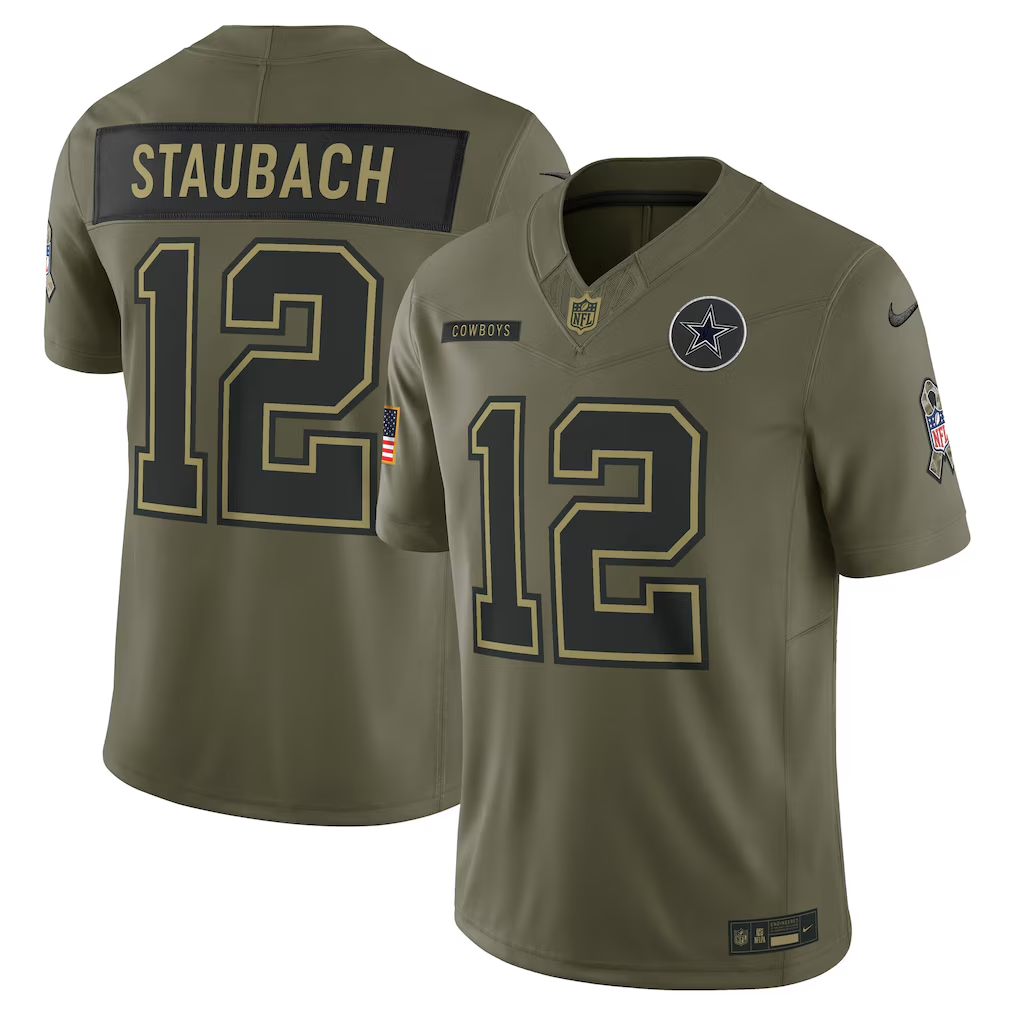 Men's Dallas Cowboys Roger Staubach Olive 2025 Salute to Service Retired Limited Jersey