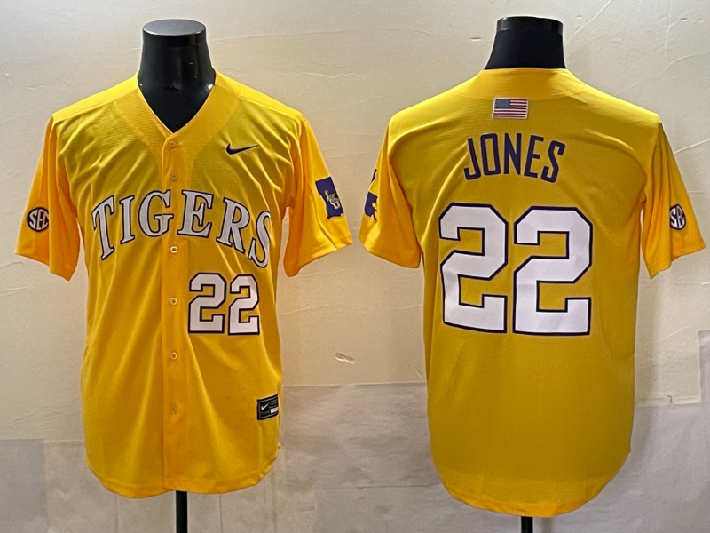 Men's LSU Tigers Jared Jones Yellow Replica Player Jersey