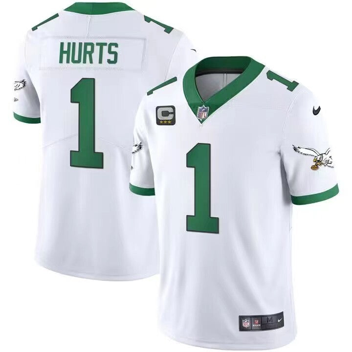 Men's Philadelphia Eagles Jalen Hurts Jersey-White with green printing-Three-star captain's patch