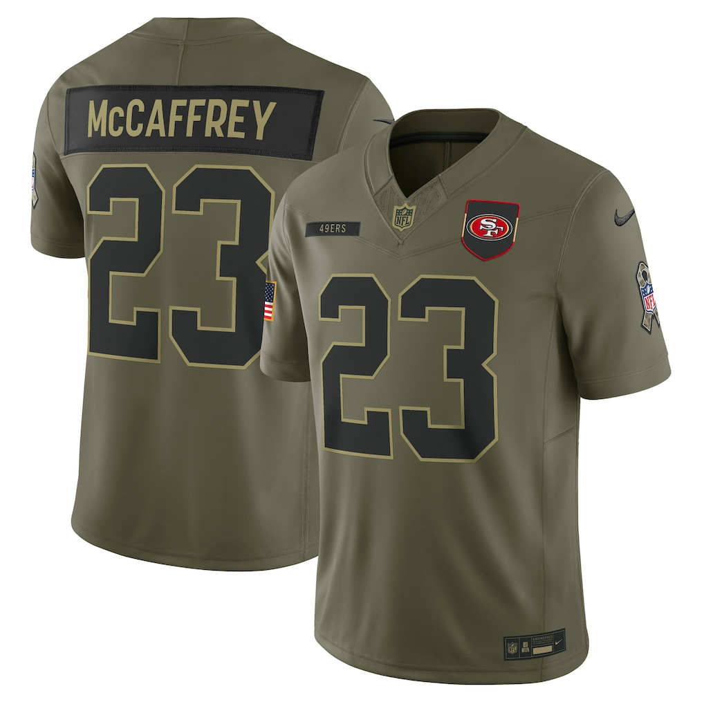 Men's San Francisco 49ers Christian McCaffrey Olive 2025 Salute to Service Limited Jersey