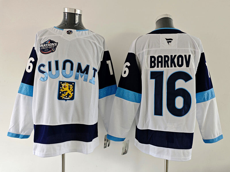 Men's Finland Fanatics 2025 4 Nations Face-Off Aleksander Barkov #16 Fanatics White Premium Jersey