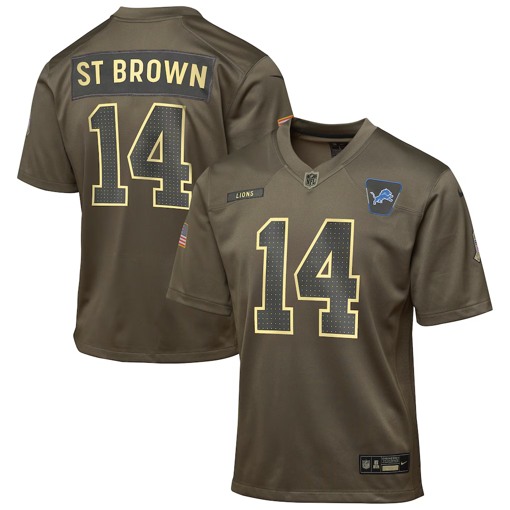 Youth Detroit Lions Amon-Ra St. Brown Olive 2025 Salute to Service Game Jersey