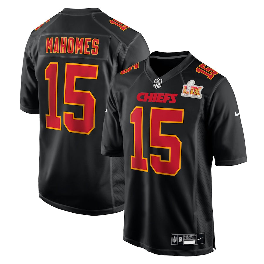 Men's Kansas City Chiefs Patrick Mahomes Carbon Black Super Bowl LIX Fashion Game Jersey
