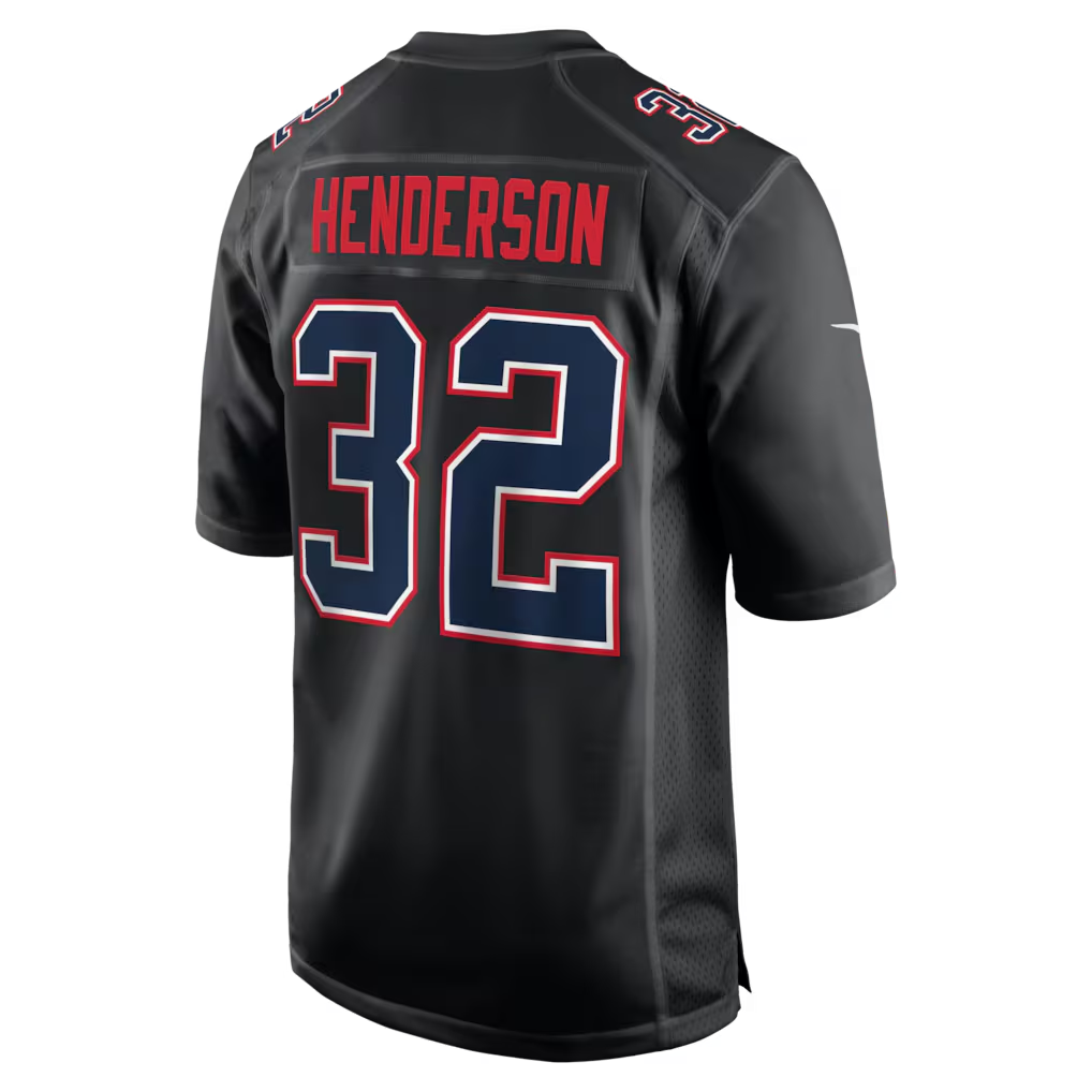 Men's New England Patriots TreVeyon Henderson Black Super Bowl LX Patch Carbon Fashion Game Jersey