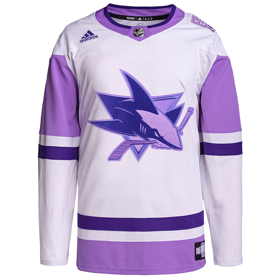 Men's San Jose Sharks  White/Purple Hockey Fights Cancer Primegreen Authentic Blank Practice Jersey