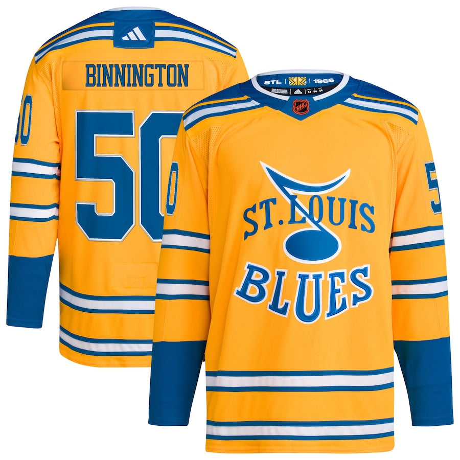 Men's St. Louis Blues Jordan Binnington  Gold Reverse Retro 2.0 Authentic Player Jersey