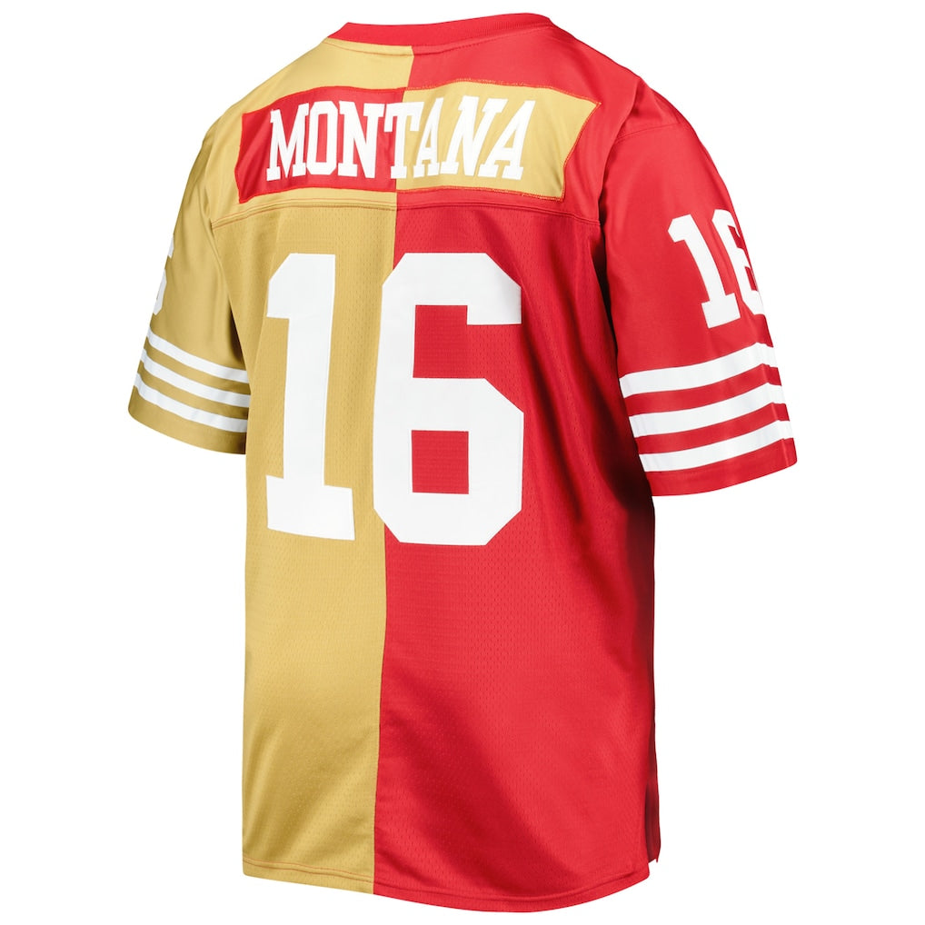 SF.49ers #16 Joe Montana Mitchell & Ness Scarlet/Gold Big & Tall Split Legacy Retired Player Replica Jersey