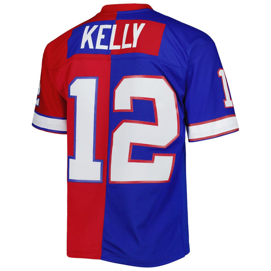 B.Bills #12 Jim Kelly Mitchell & Ness Royal/Red 1990 Split Legacy Replica Jersey