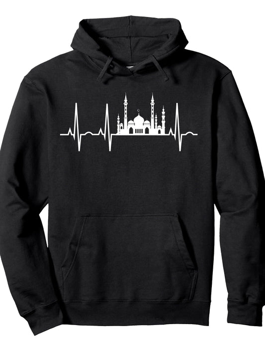 Islamic Hoodies for Men & Women Muslim Heartbeat Islam Gift Pullover Hoodie Ramadan Black 250gsm Cotton Long Sleeve Men Casual Hoodie