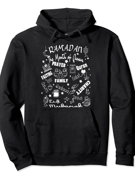 Ramadan Kareem Happy Ramadan Muslims Holy Month Fasting Kids Pullover Hoodie Ramadan Black 250gsm Cotton Long Sleeve Men Casual Hoodie
