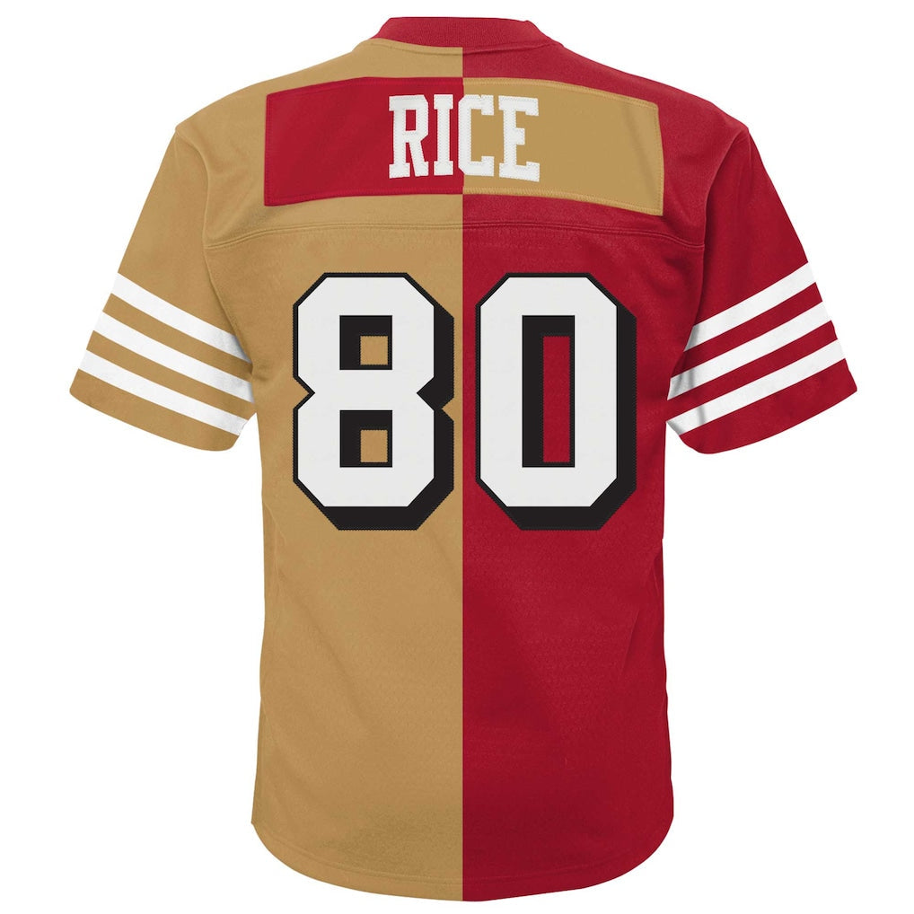 SF.49ers #80 Jerry Rice Mitchell & Ness Scarlet/Gold Big & Tall Split Legacy Retired Player Replica Jersey