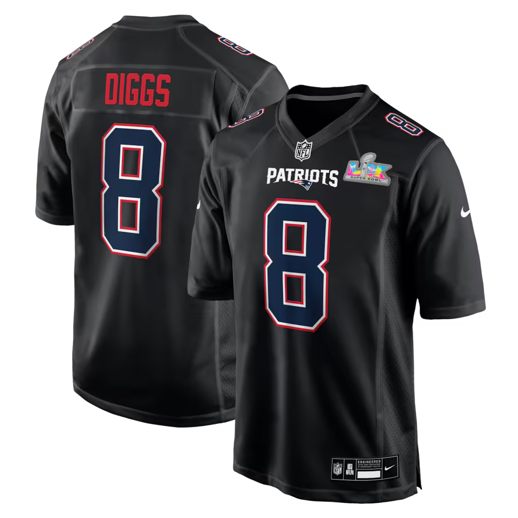 Men's New England Patriots Stefon Diggs  Black Super Bowl LX Patch Carbon Fashion Game Jersey