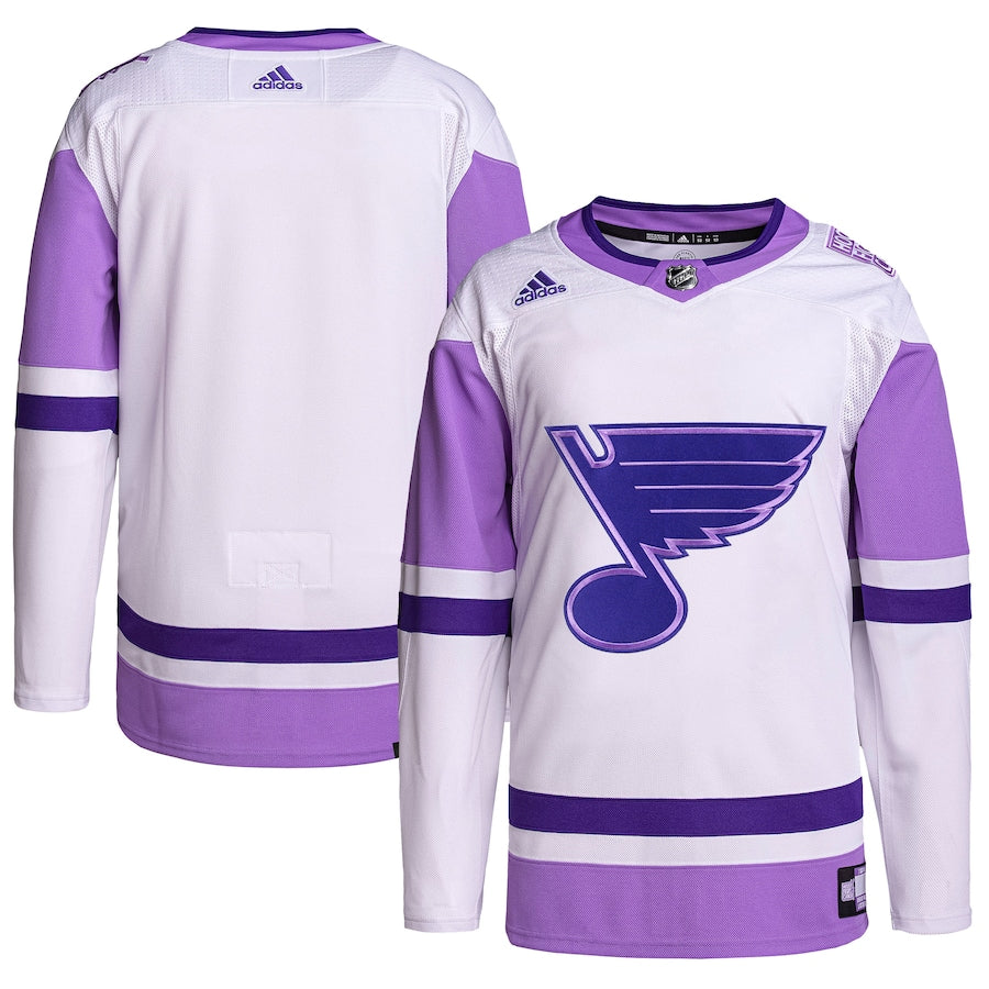 Men's St. Louis Blues  White/Purple Hockey Fights Cancer Primegreen Authentic Blank Practice Jersey