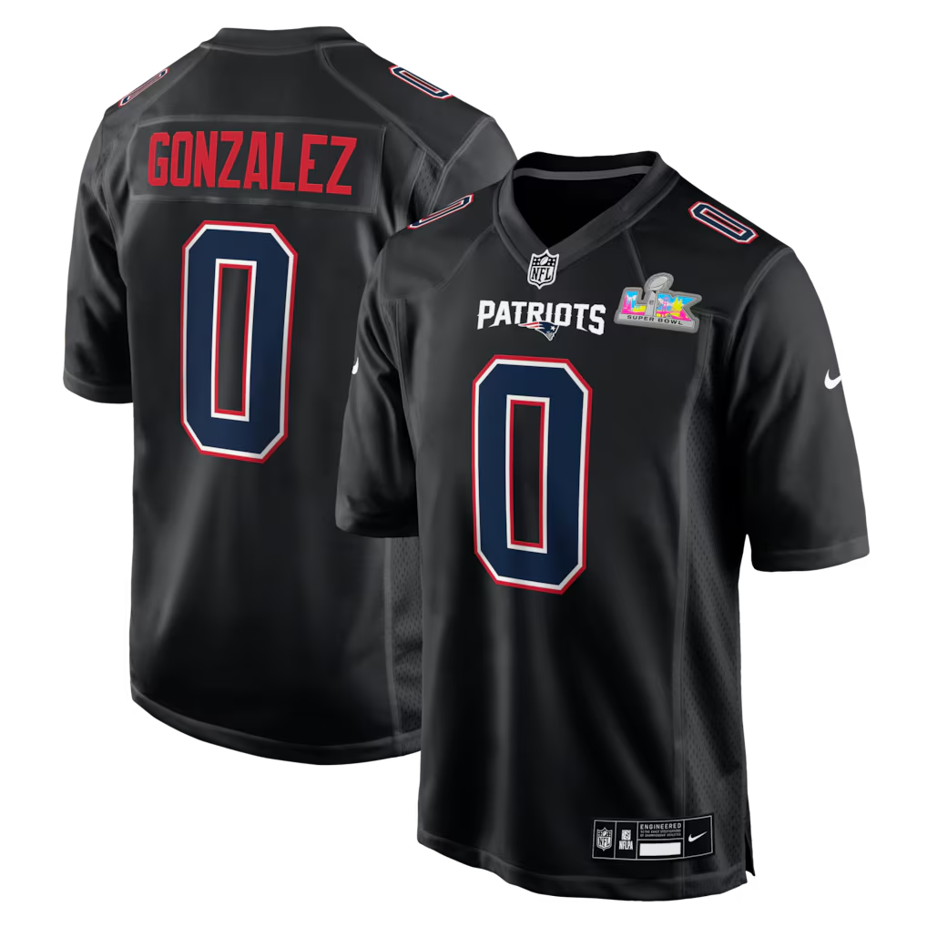Men's New England Patriots Christian Gonzalez  Black Super Bowl LX Patch Carbon Fashion Game Jersey