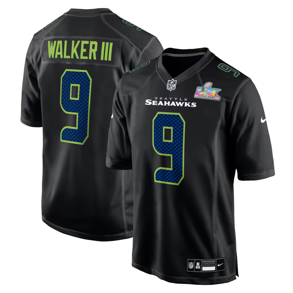 Men's Seattle Seahawks Kenneth Walker III  Black Super Bowl LX Patch Carbon Fashion Game Jersey