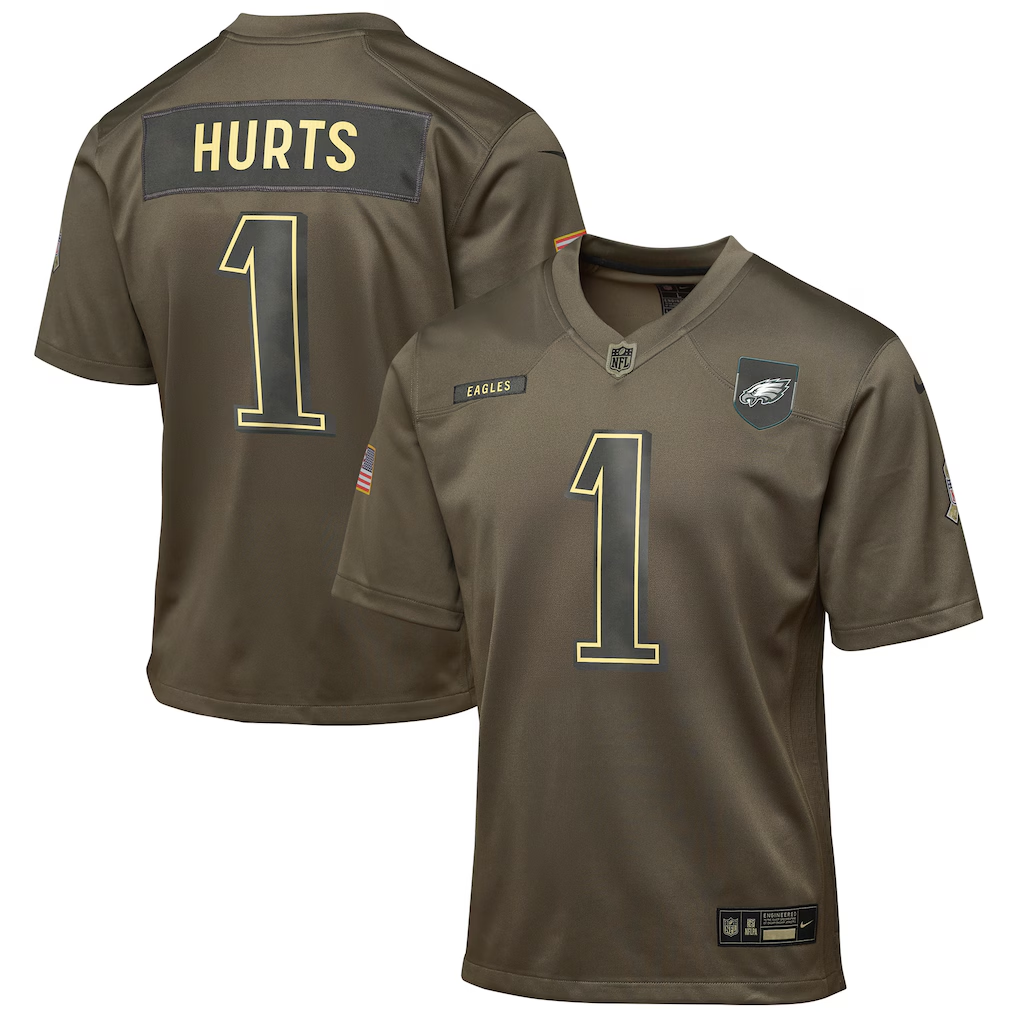 Youth Philadelphia Eagles Jalen Hurts  Olive 2025 Salute to Service Game Jersey