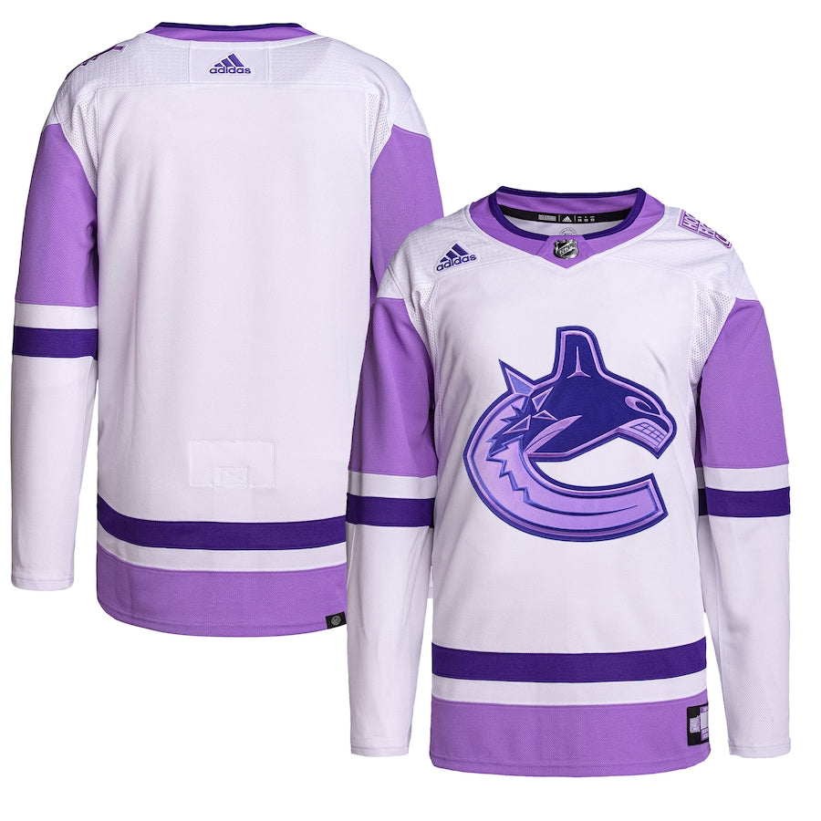 Custom Men's Vancouver Canucks  White/Purple Hockey Fights Cancer Primegreen Authentic Blank Practice Jersey