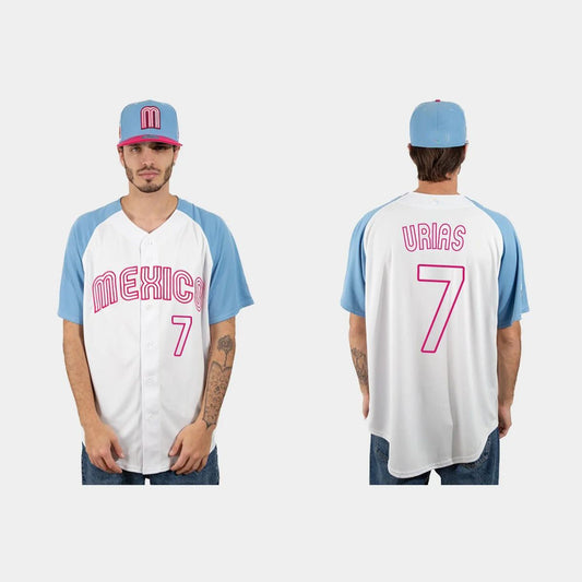 #7 JULIO URIAS MEXICO BASEBALL 2023 WORLD BASEBALL CLASSIC JERSEY ¨C WHITE BLUE Stitches Baseball Jerseys