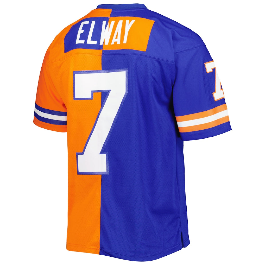 D.Broncos #7 John Elway Mitchell & Ness Royal/Orange 1990 Split Legacy Replica Jersey