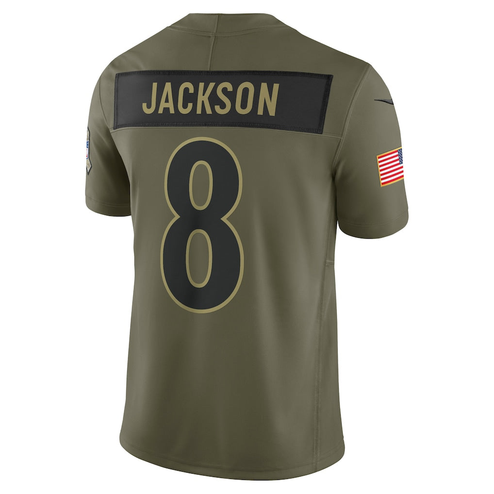 B.Ravens #8 Lamar Jackson Olive 2025 Salute to Service Limited Jersey