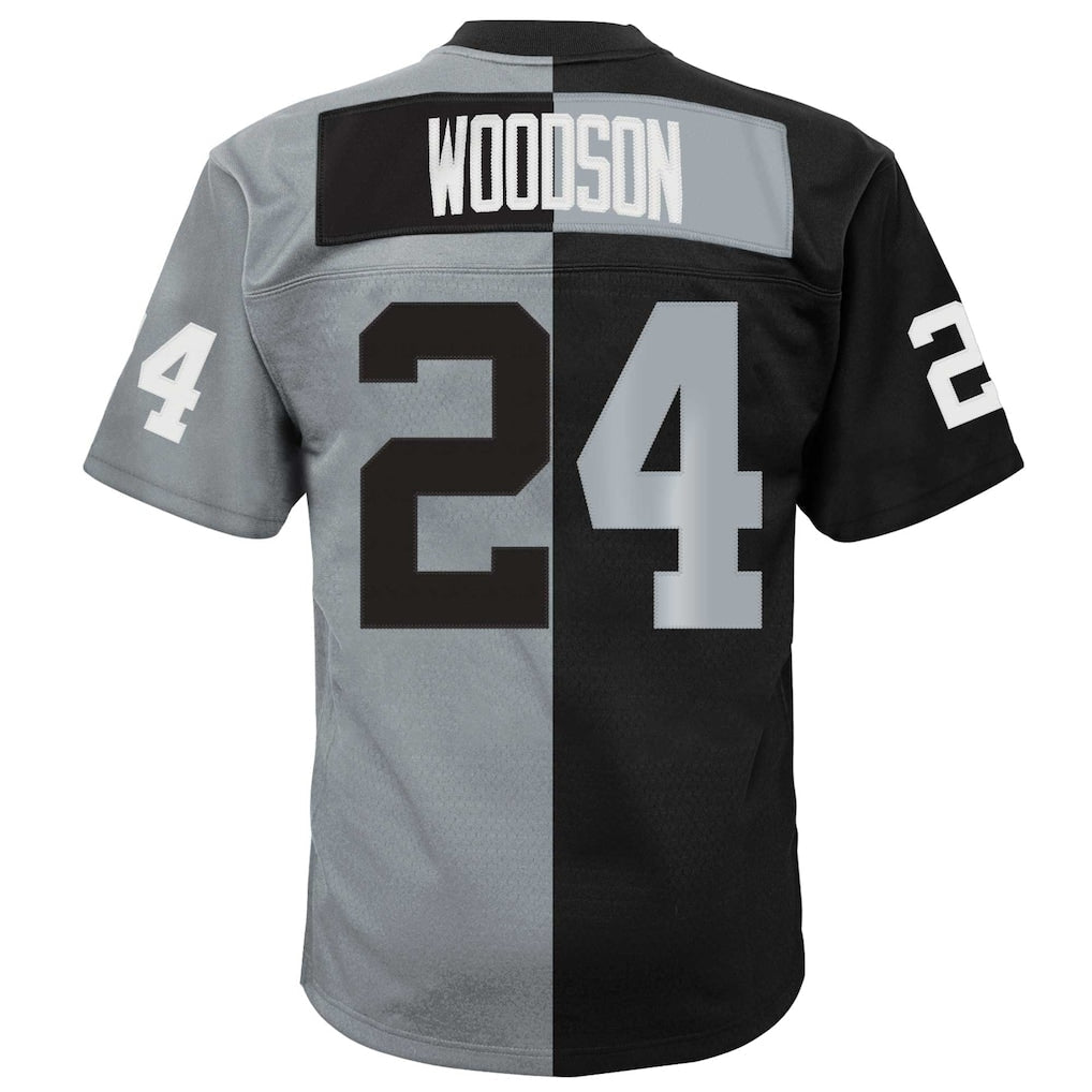 LV.Raiders #24 Charles Woodson Mitchell & Ness Black/Silver 1988 Split Legacy Replica Jersey