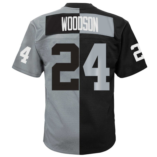 LV.Raiders #24 Charles Woodson Mitchell & Ness Black/Silver 1988 Split Legacy Replica Jersey