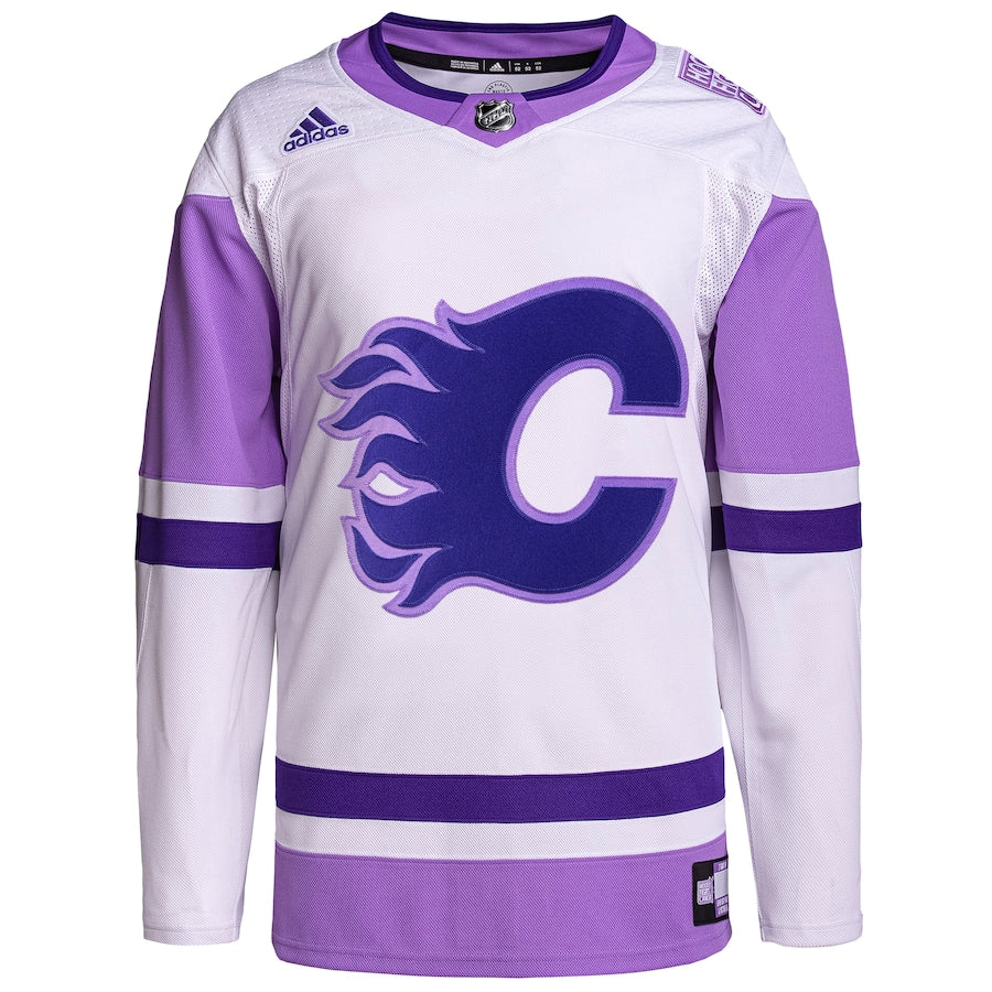 Custom Calgary Flames   Hockey Fights Cancer Primegreen  Blank Practice Jersey - White/Purple