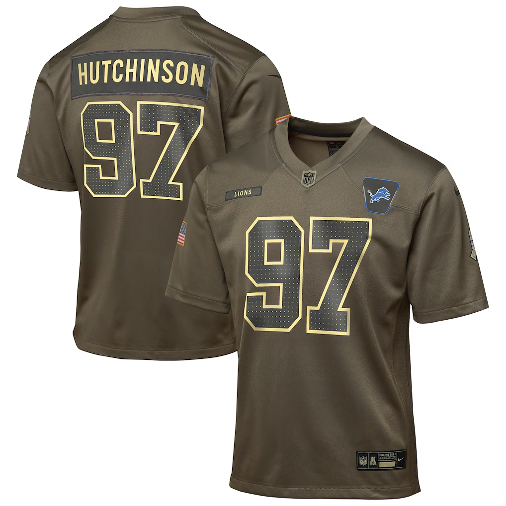Youth Detroit Lions Aidan Hutchinson  Olive 2025 Salute to Service Game Jersey