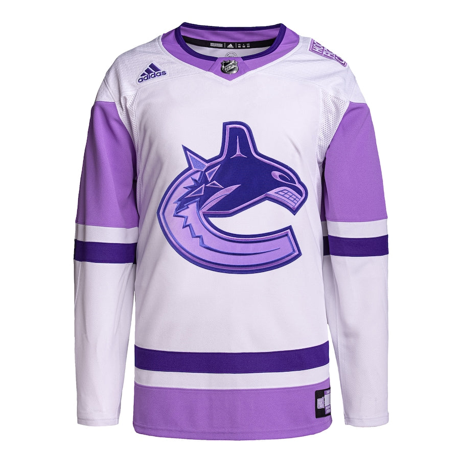 Custom Men's Vancouver Canucks  White/Purple Hockey Fights Cancer Primegreen Authentic Blank Practice Jersey